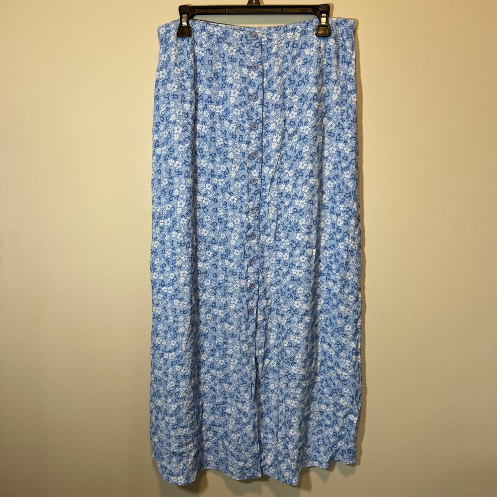 Eddie Bauer Blue Floral Button Front Maxi Skirt Hibiscus Print Boho 14 Tall
